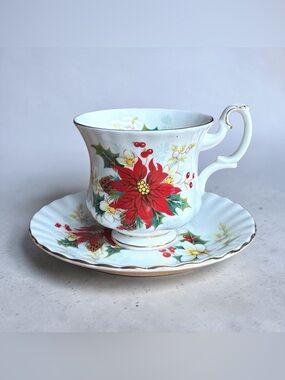 Royal Albert Yuletide Poinsettia Teacup and Saucer in Red, Green, Gold